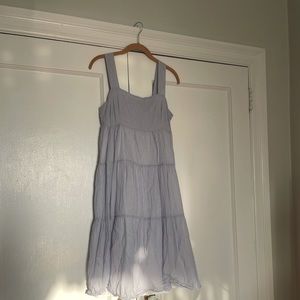 madewell tiered midi dress baby blue pinstripes